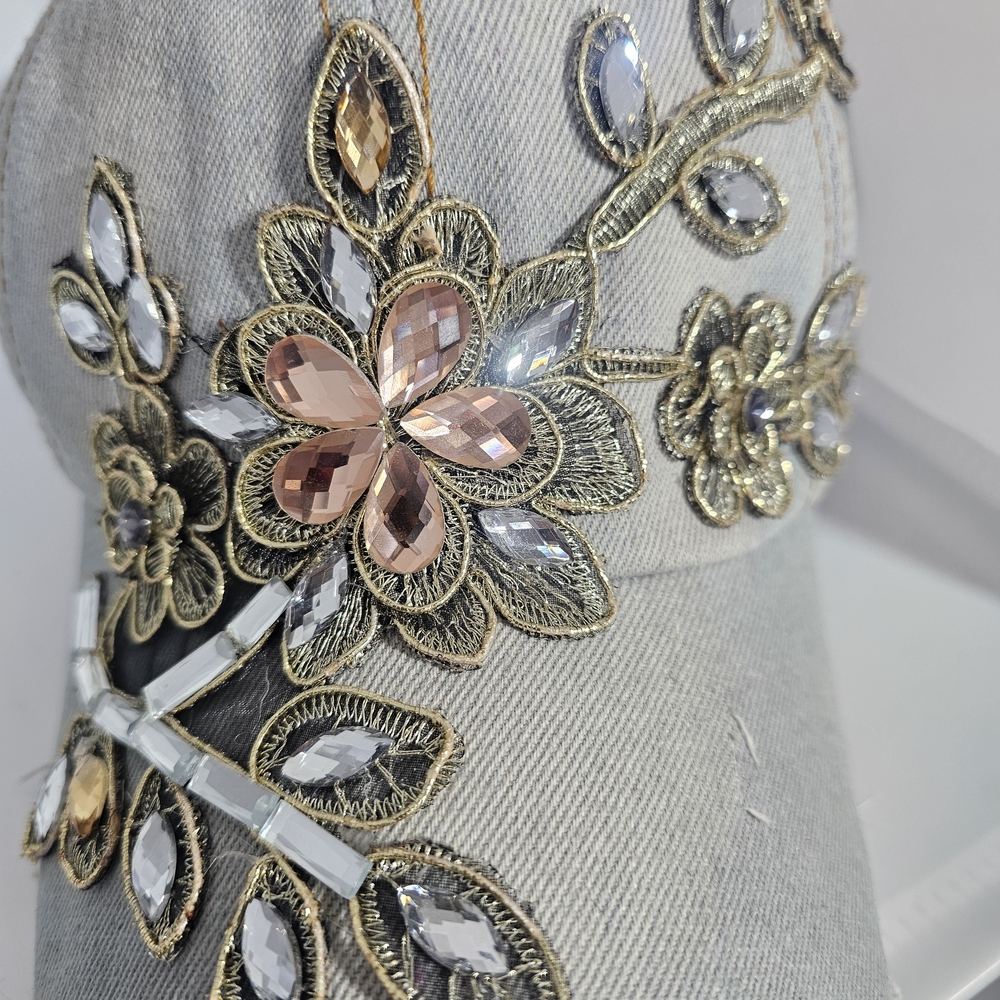 Embellished Crystal Flower Baseball Cap - Light Gray & Pink - Picture 2 of 3